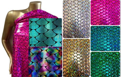 8 COLORS, Shiny Holographic Foil Big Mermaid Scales Pattern on Black Stretch Nylon Spandex Shiny Tricot Fabric - 58 to 60 Inches Wide