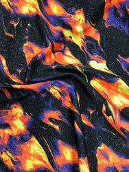 Nylon Spandex 4 ways Stretch with Silver Glitters Fluorescent Flames Design