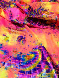 Holographic Shiny Foil Big Reptile Tie Dye Pattern on Bright Stretch Crease Nylon Spandex