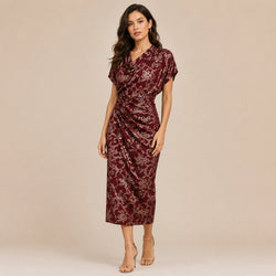 Wine Red Damask Jacquard Stretch Fabric with Bronze Foil for Apparel by Yard