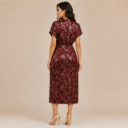 Wine Red Damask Jacquard Stretch Fabric with Bronze Foil for Apparel by Yard