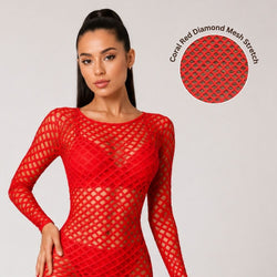 Coral Red Diamond Mesh Stretch Fabric with Silver Foil for Apparel by the Yard