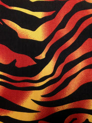 Flame Red and Orange Colored Abstract with Black Zebra Stripes Pattern on Stretchy Single Span Knit Jersey Polyester Spandex