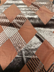 Dark Mauve Polyester Spandex See Through Burnout with Brown Silver Velvet Big Geometric Diamond Design