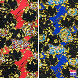 L-670-X Y PAISLEY FLORAL RENAISSANCE Stretch Poly-Spandex Fabric in Royal Blue & Red/ fabricforus.com