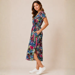 Blue Floral Striped Polyester Spandex 2-Way Stretch Fashion Fabric Yard