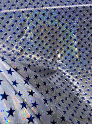 Red,White, or Blue Superhero Holographic Stars Foil 4-Way STRETCH Nylon-Spandex Foil Fabric 58/60" Wide