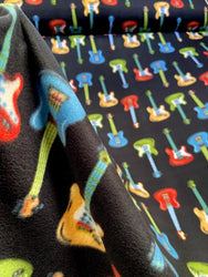 Colorful Rockstar Electric Guitar Print Black Fleece Fabric
