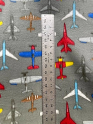 Multicolored Jets, Airplanes, & Helicopters on Blue or Grey Base Polyester Assorted Anti-Pill Fleece soft Fabric