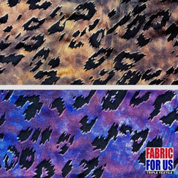 Brown or Purple Burnout Velvet Leopard Spots on Black Mesh Stretch Fabric