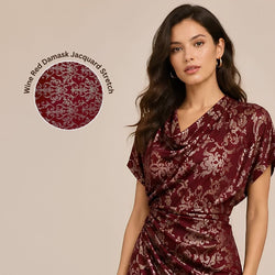 Wine Red Damask Jacquard Stretch Fabric with Bronze Foil for Apparel by Yard