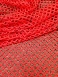 Bright Coral Red Big Hole Diamond Mesh w/ Subtle Silver Foil Stretch Polyester Spandex Fabric