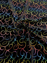 Rainbow Multicolored Swirl Foil on Black Polyester Spandex Velvet Hologram Effect Design
