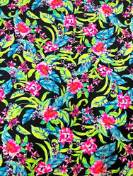 Nylon Spandex medium Weight 4 ways Stretch Big Neon Tropical Flowers Design