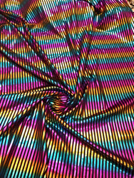 Foil Multi Color Vertical Stripes on Black Nylon Spandex Tricot Fabric