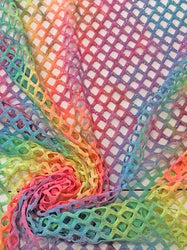 Neon Colorful Rainbow Tie-Dye Pattern with Silver Glitters Polyester Spandex Stretch Big Hole 0.5 Inch Diamond Mesh Fabric