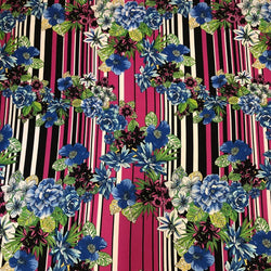 Blue Floral and Striped Print on Polyester Spandex Stretch