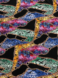 Colorful Animal Print w/ Chains on Black Polyester Spandex Fabric