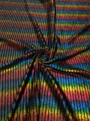 Rainbow Striped Foil Lurex on Black Velvet Polyester Spandex Stretch