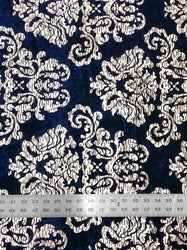 Big Silver Abstract Damask Print on soft Navy Blue Velvet Fabric